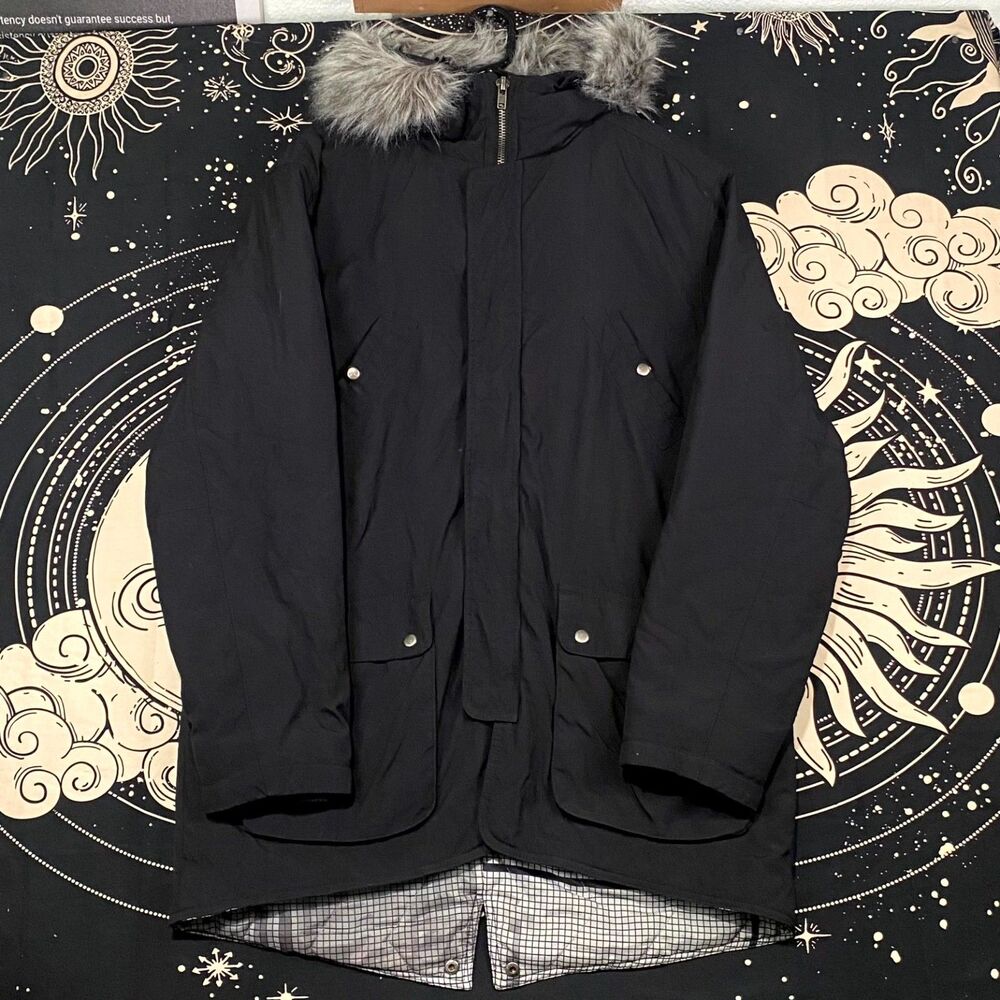 DC Shoes Jacket Men XL Black Parka Lined Faux-Fur Trim Hooded Winter Streetwear